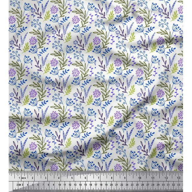 Soimoi Blue Velvet Fabric Leaves & Floral Hand Drawn Decor Fabric Printed Yard 58 Inch Wide