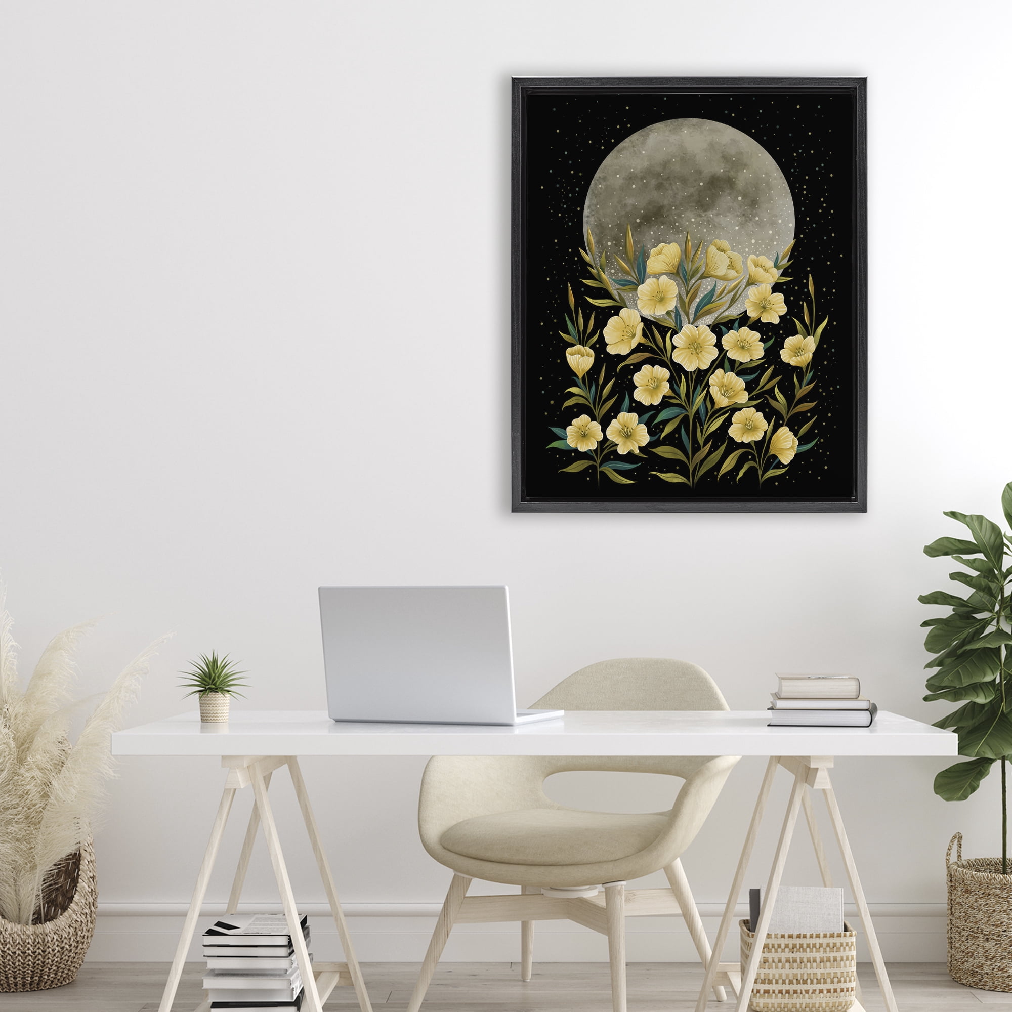 Stupell Industries Moon Greeting Yellow Flowers Black Framed Floater Canvas Wall Art, design by Episodic Drawings