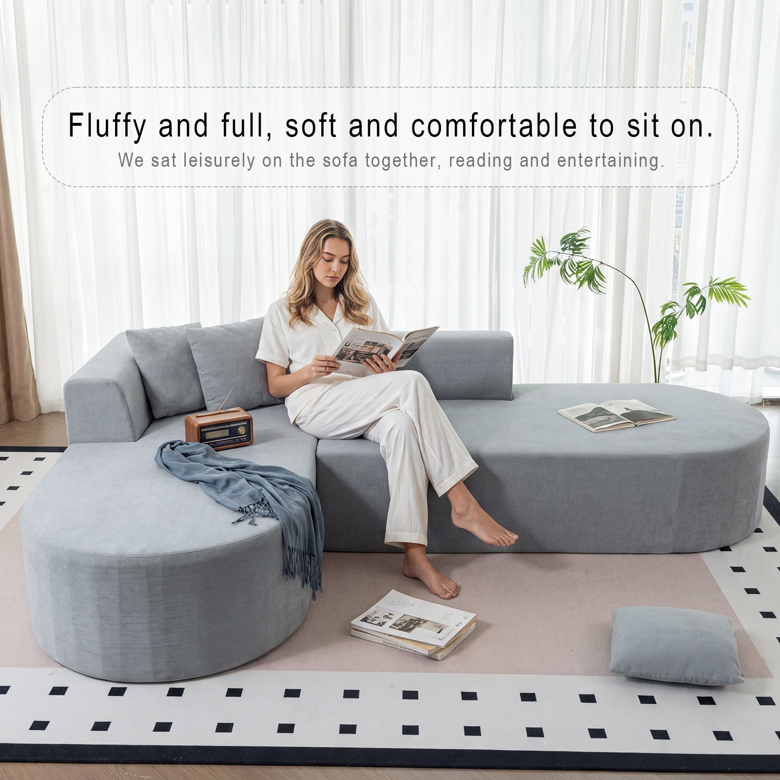 GARITIN L Shaped Modular, Corduroy Armless Couch with Deep Seats & Movable Sectional Sofa Ottoman Fabric, High-Resilience Foam, 107", Grey