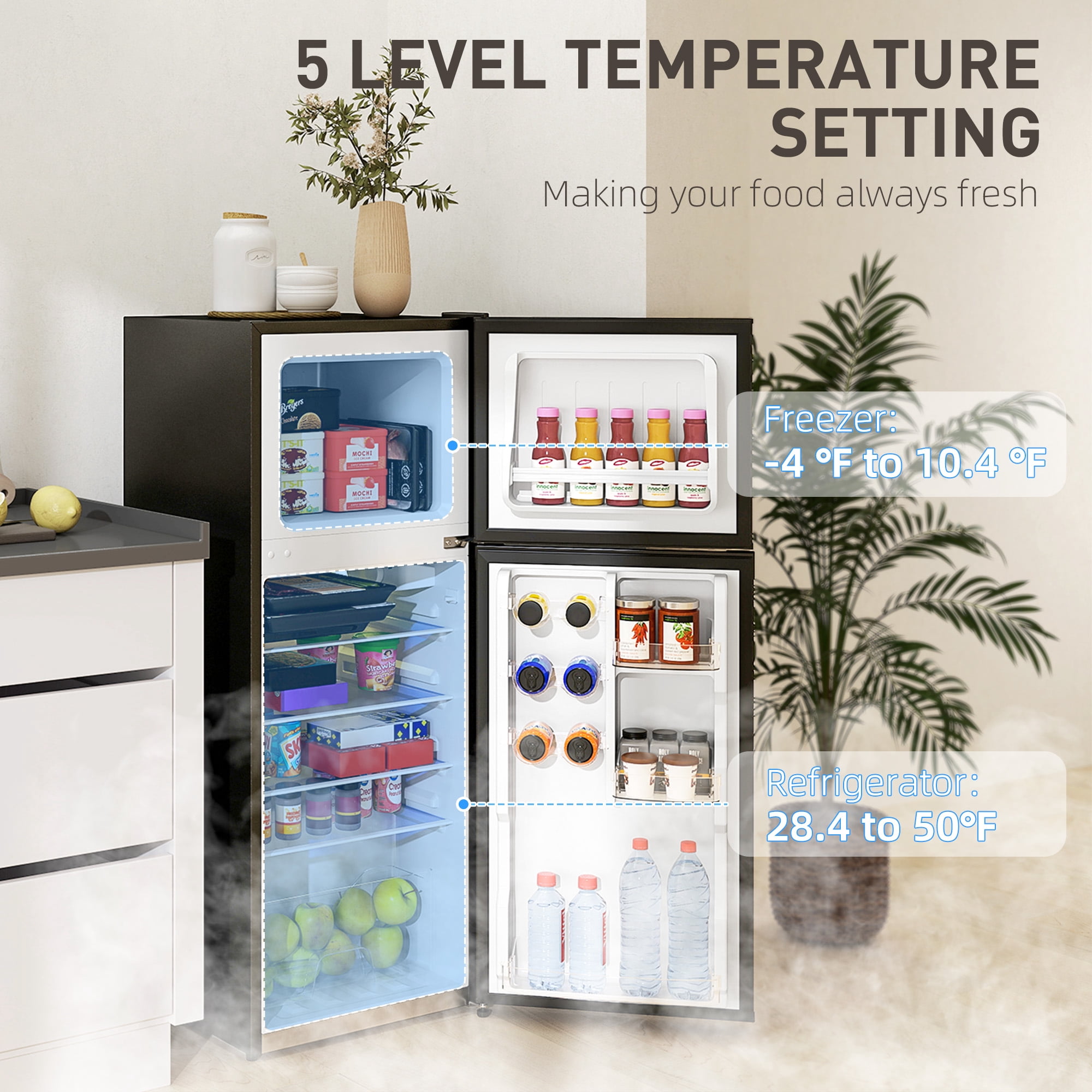 HOMCOM Small Fridge with Freezer, 4 Cu Ft Refrigerator with Shelves, Black
