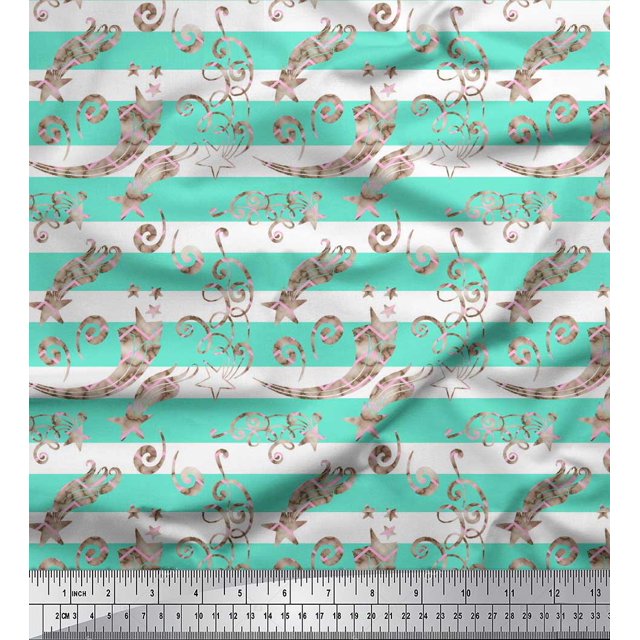 Soimoi Green polyester Crepe Fabric Star & Swirls Stripe Printed Craft Fabric by the Yard 42 Inch Wide