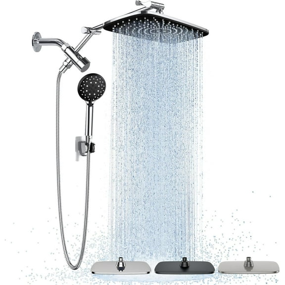 Veken Wide Rain Shower Head with 6 Modes Handheld Water Spray,High Pressure Showerhead Combo with Arm for Bathroom Accessories,Home Decor Detachable Dual Shower with Anti-Clog Nozzles,Silver Chrome