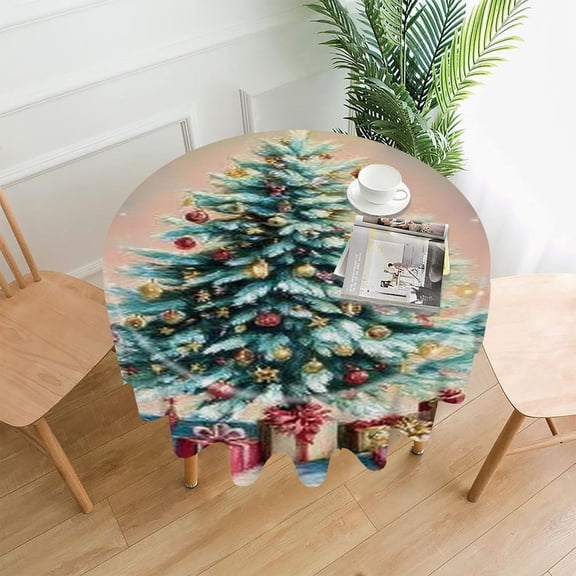 RKSupls 60 Inch Round Tablecloth, Christmas Tree Gifts Premium Polyester Straight Edge Wrinkle Resistant Washable Table Cover for Party Home Dining Decor