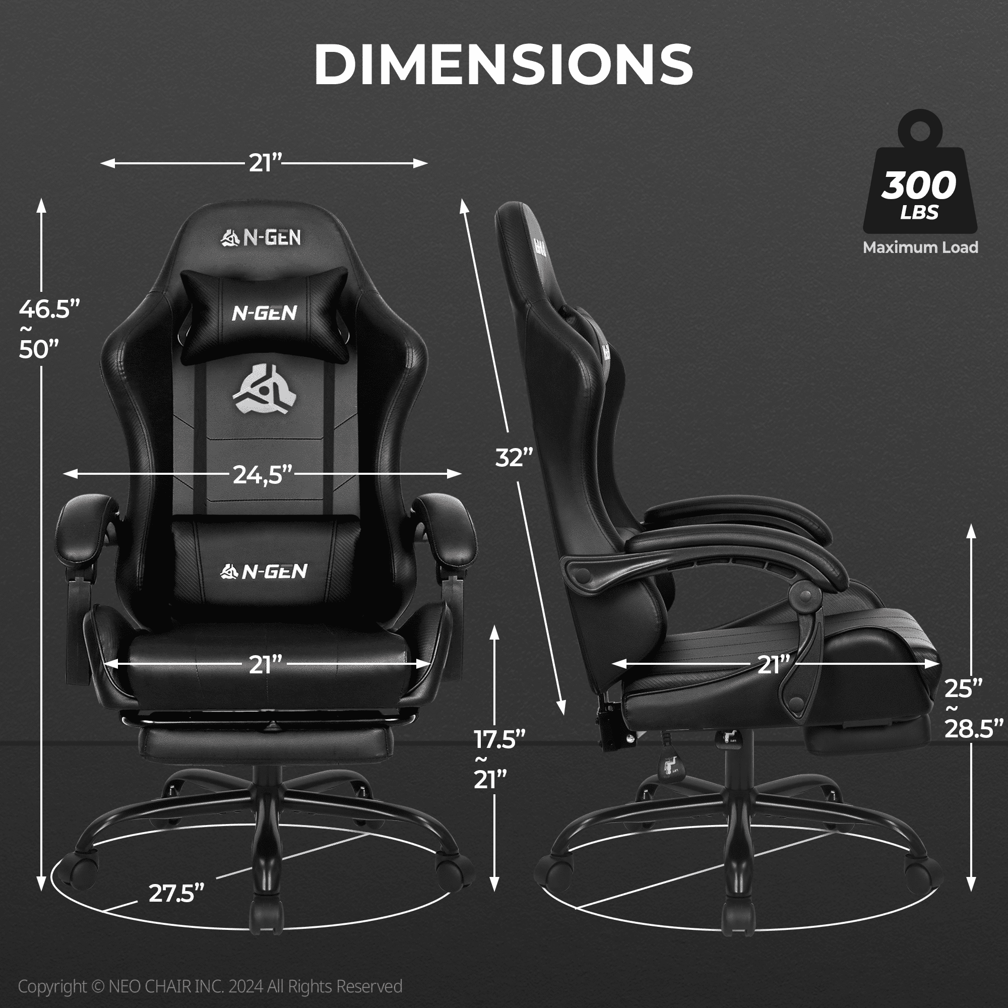 NEO CHAIR Video Gaming Chair with Footrest High Back Ergonomic Comfortable Office Computer Desk with Lumbar Support Height Adjustable with PU Leather Recliner for Adults Women Men (Black)