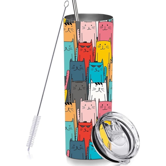 Skinny Tumbler Gift for Men Women, Cute Cat Tumbler Cup with Straw Lid 20 OZ, Stainless Steel Insulated Vacuum Slim Travel Coffee Mug