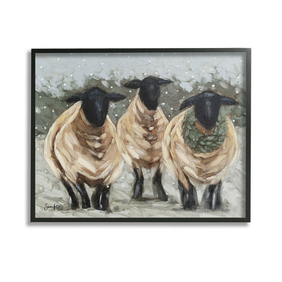 Stupell Industries Sheep in Winter Scene Animals & Insects Painting Black Framed Art Print Wall Art, 14 x 11