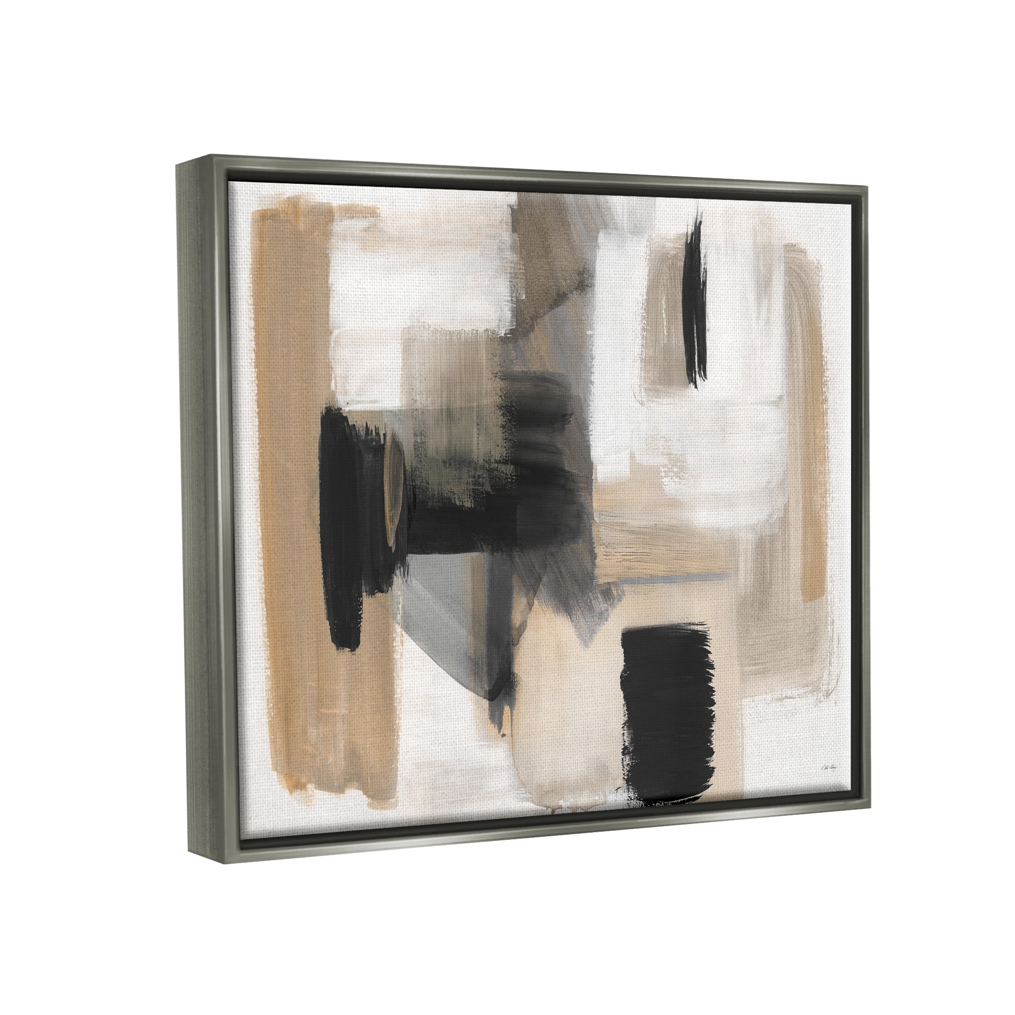 Stupell Industries Tan & Black Collage Abstract Painting Gray Floater Framed Canvas Art Print Wall Art, 21 x 17