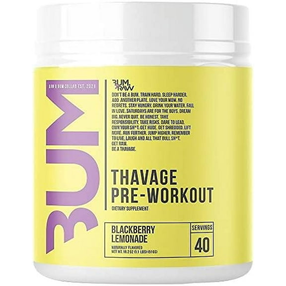 RAW Pre Workout Powder, Thavage (BlackBerry Lemonade) - Chris Bumstead Sports Nutrition Supplement for Men & Women - Cbum Preworkout for Working Out, Hydration, Mental Focus & Energy - 40 Servings