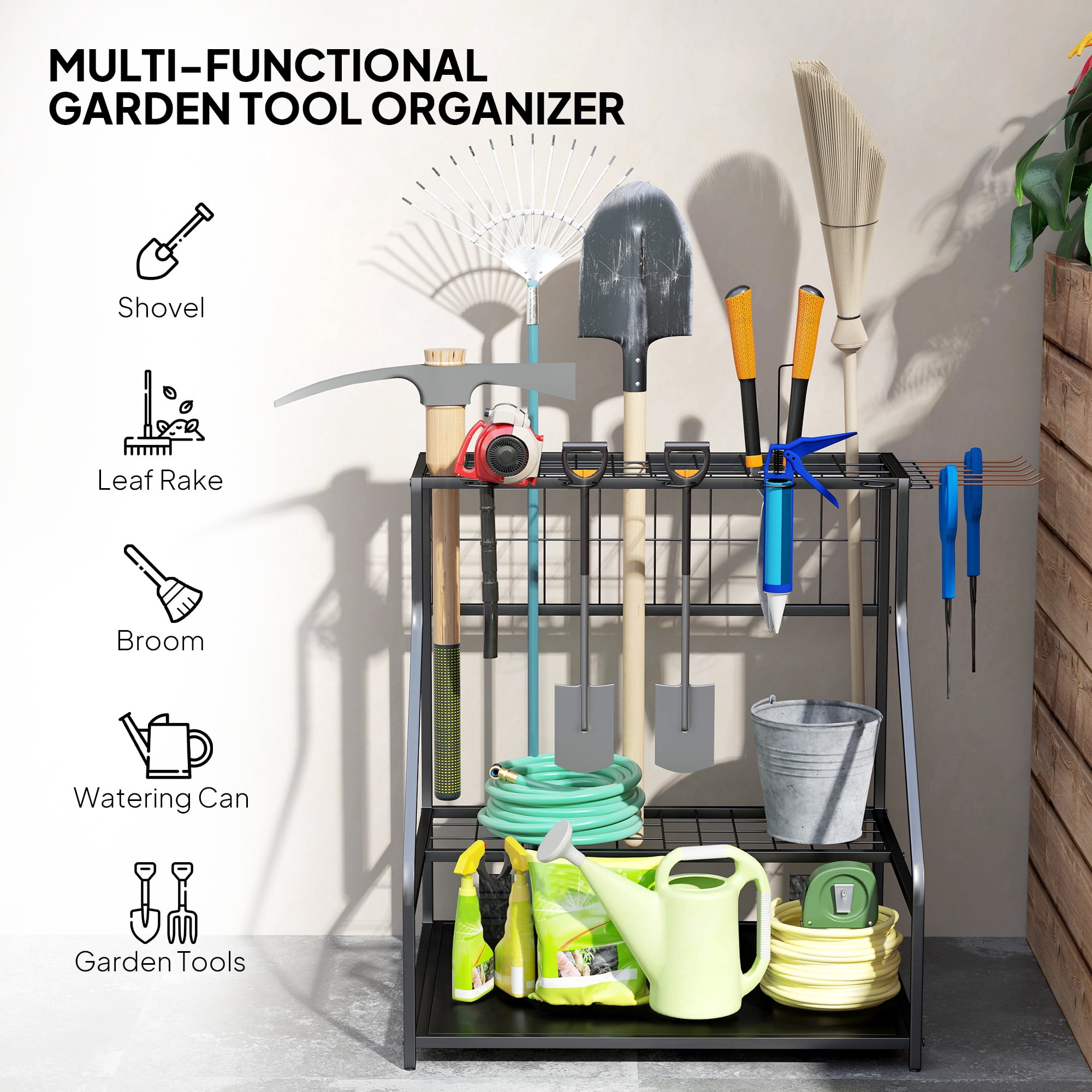 Outsunny Garden Tool Organizer for Garage, 3 Tier Yard Tool Storage Rack with Hooks, Orange