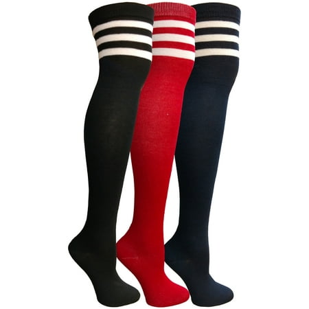 Retro Flowers Socks (Yacht&Smith Womens Over the Knee Socks, 3 Pairs Premium Soft, Chic Colorful Patterned (3 Pairs Retro Striped (Red, Navy,)