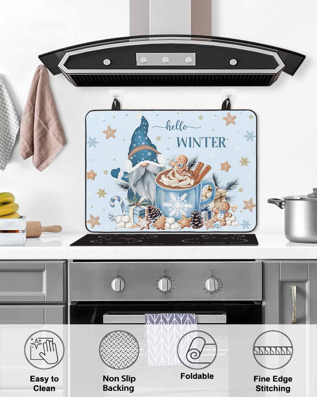 Large Induction Cooktop Protector Mat Blue Gnomes Christmas Stove Top Covers for Electric Stove, Xmas Gifts Snowflake Winter Decorative Stove Burner Cover Mats, Glass Top Stove Cover