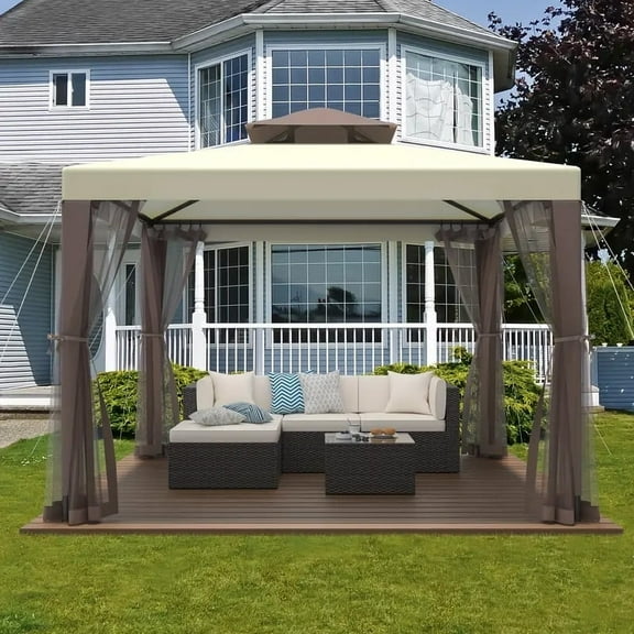 10x10ft Outdoor Gazebo Pop-up Gazebo Canopy with Mosquito Netting Patio Tent Backyard Canopy with 2-Tiered Vented Top,Beige