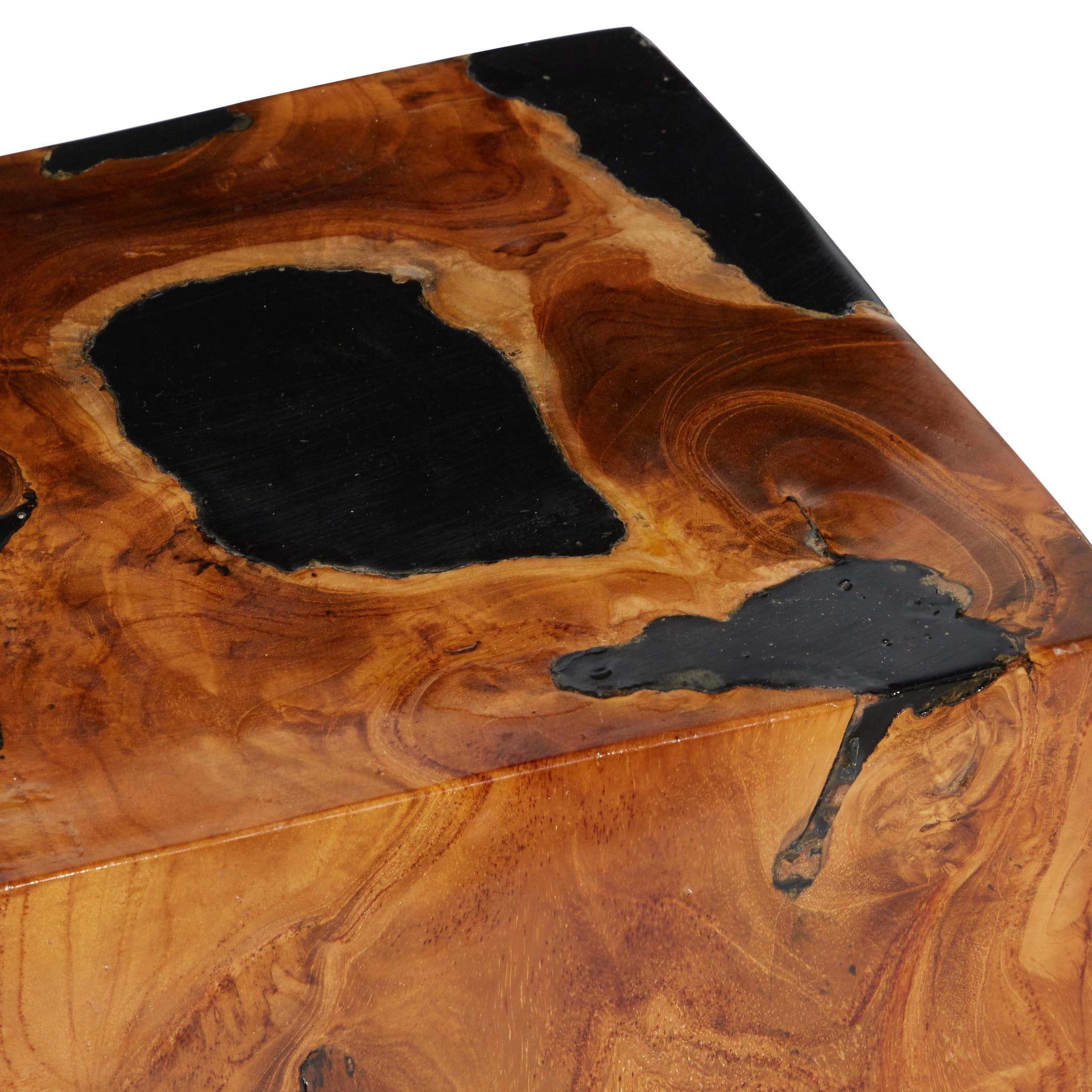 DecMode 12" x 15" Brown Teak Wood Block Abstract Accent Table with Black Resin Inlay, 1-Piece