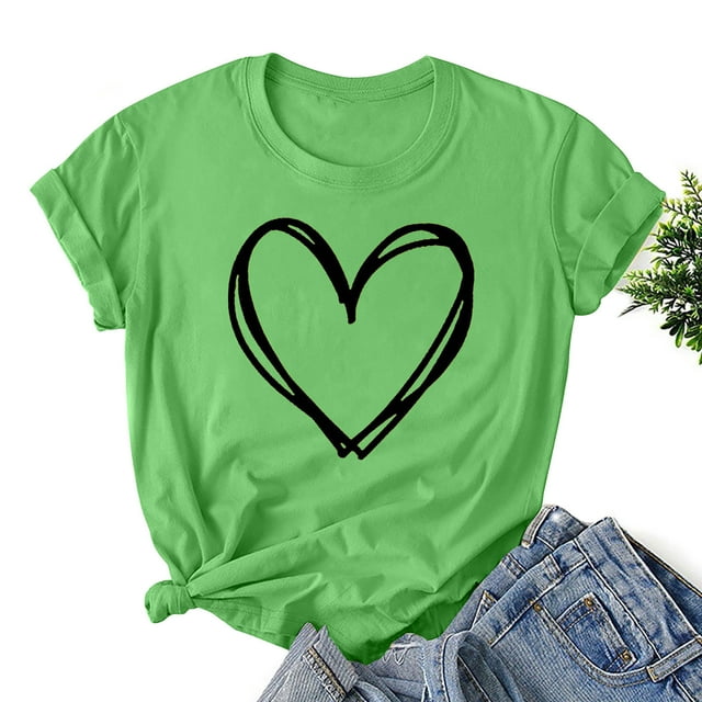 Styesk T-Shirts pour Femmes Confortables Doux Col Rond T-Shirts Chandail Mode Léger Manches Courtes T-shirt Saint-Valentin Graphique Décontracté Grande Taille Hauts Imprimé Cœur Hauts de Sortie