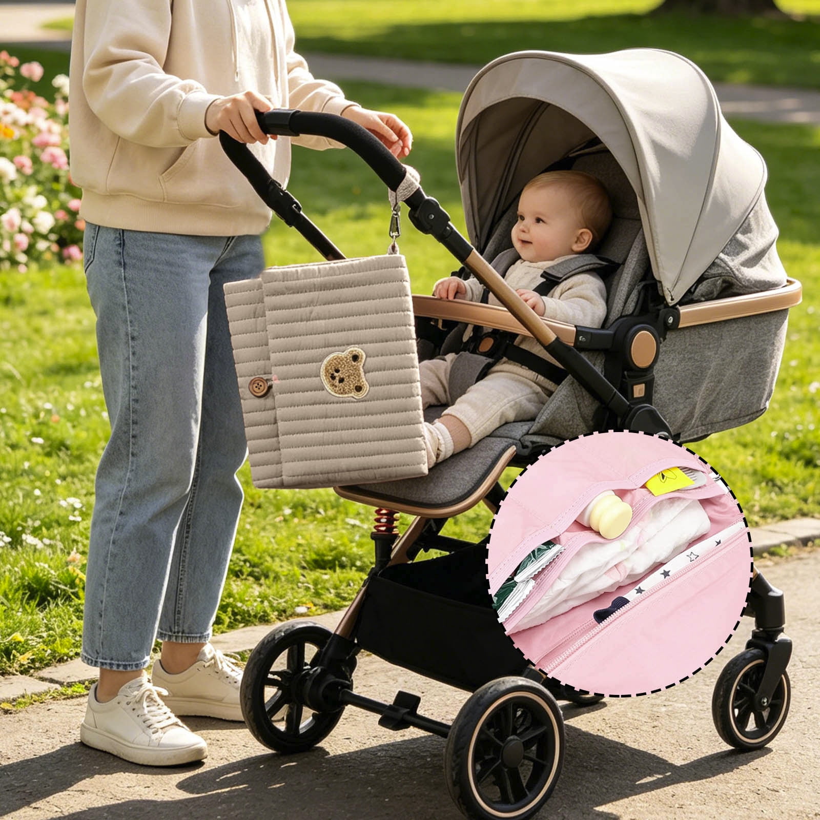 Bear Embroidery Baby Organizer Bag 10.6 Inch Multifunction Diaper Clutch with Wipes Pocket Portable Stroller Attachment Storage Pouch for Travel Brown