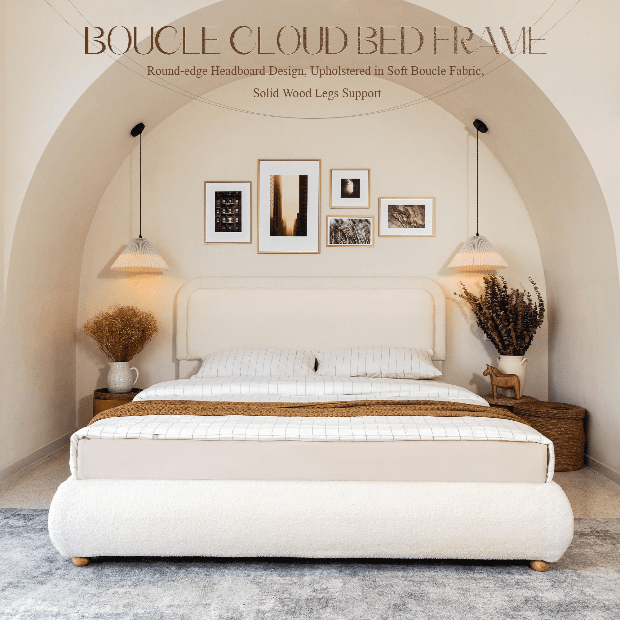 Brafab Queen Size Bed Frame with Round Corners Headboard and Thickened Footboard, Boucle Cloud Upholstered Boho Fluffy Bed with Solid Wood Legs, No Box Spring Required, Easy Assembly, cream
