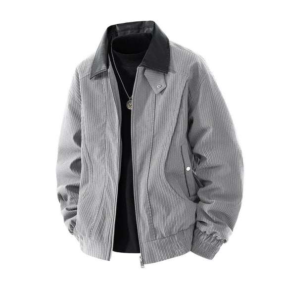 Work Jackets for Men Big & Tall M-4X Plus Size Long Sleeve Zip Up Coats with Pockets and Leather Collared Solid Color Vintage Streetwear Jacket