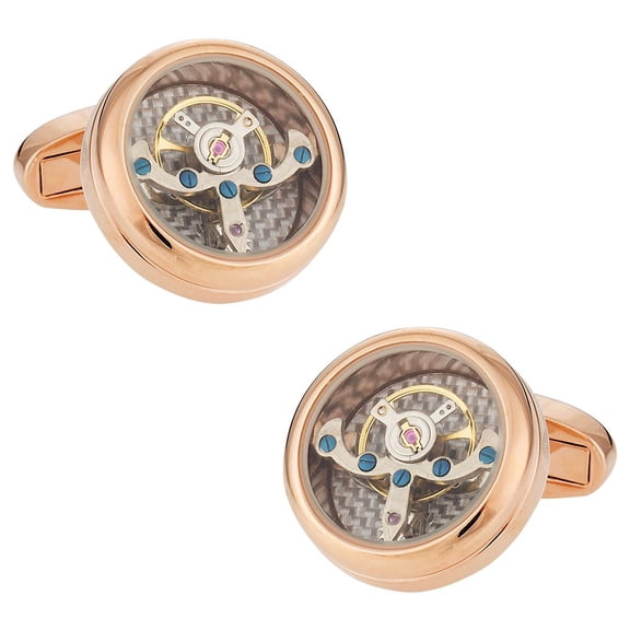 Rose Gold Silver Working Tourbillon Carbon Fiber Watch Cufflinks Steampunk