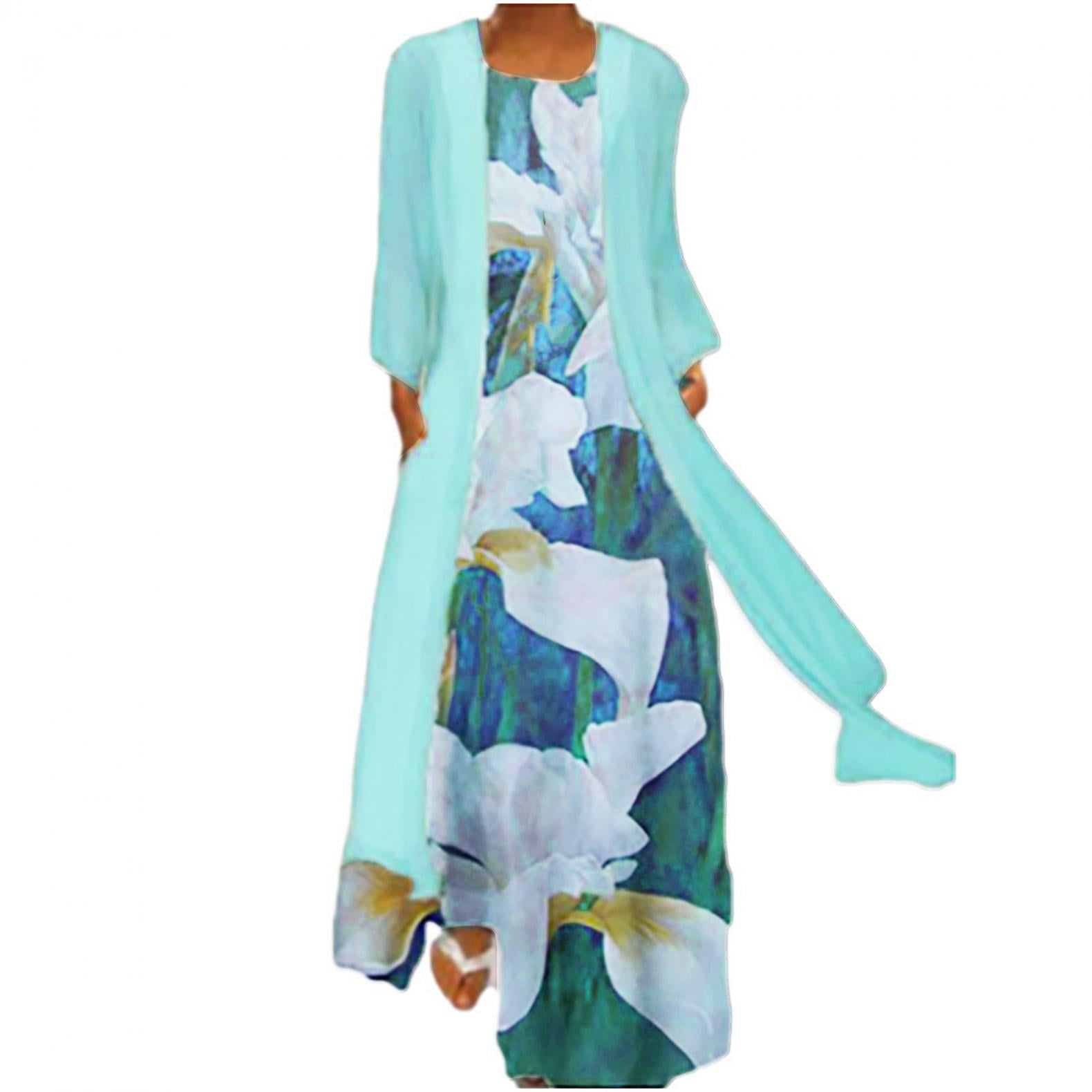 Womens Summer Dresses Flowy Floral Print Two-Piece Set Chiffon Dress Plus Size Crewneck Sleeveles Dress Wedding Guest 