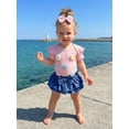 thumbnail image 3 of Loicainy Baby Toddler Girl Summer Outfit 3 6 9 12 18 Months Crochet Floral Short Sleeve Romper Faux Denim Ruffle Shorts Matching Bow Headband, 3 of 9