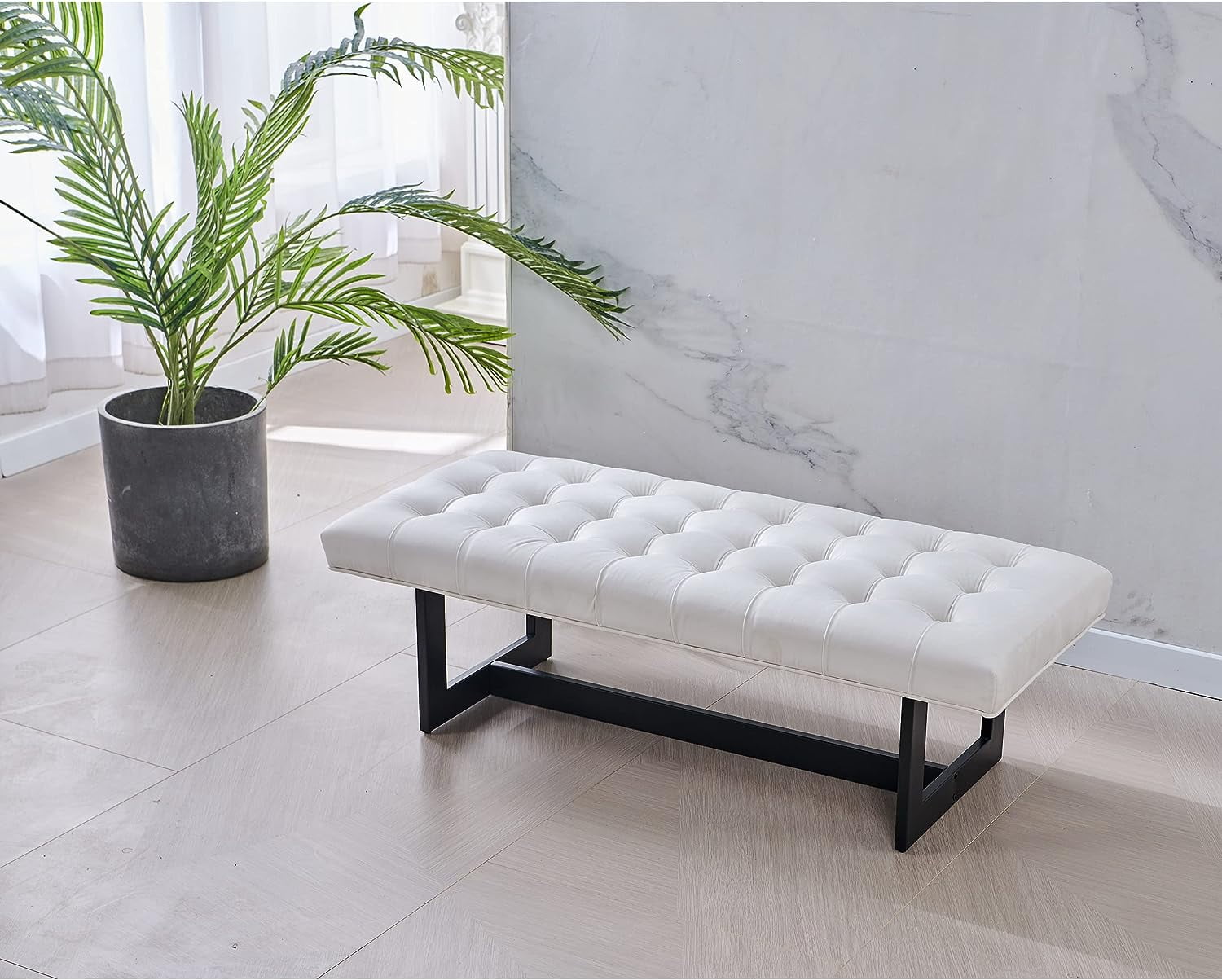 Nathaniel Home 48'' Button-Tufted Kids Ottoman, Upholstered Bedroom Benches, Vegan Leather Footrest Stool Accent Bench, for Living Room End of Bed White