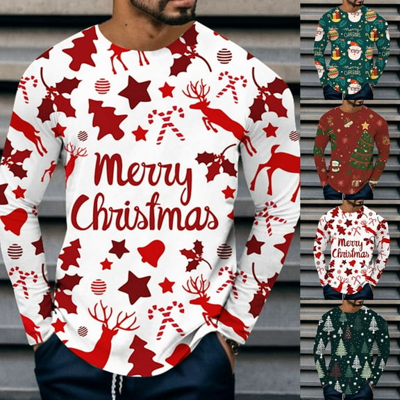 Mens Christmas T Shirts Long Sleeve Merry Christmas Graphic Pajamas Tee Crew Neck Casual Slim Fit Family Xmas Gift Mens Shirts White L