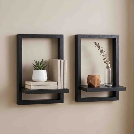 Floating Wall Mounted Shelves Rectangular Frame Wood Display Shelf and Storage Organizer for Living Room Bedroom Office Modern Decorative Wall Shelf for Books Plants Photos and Home Decor