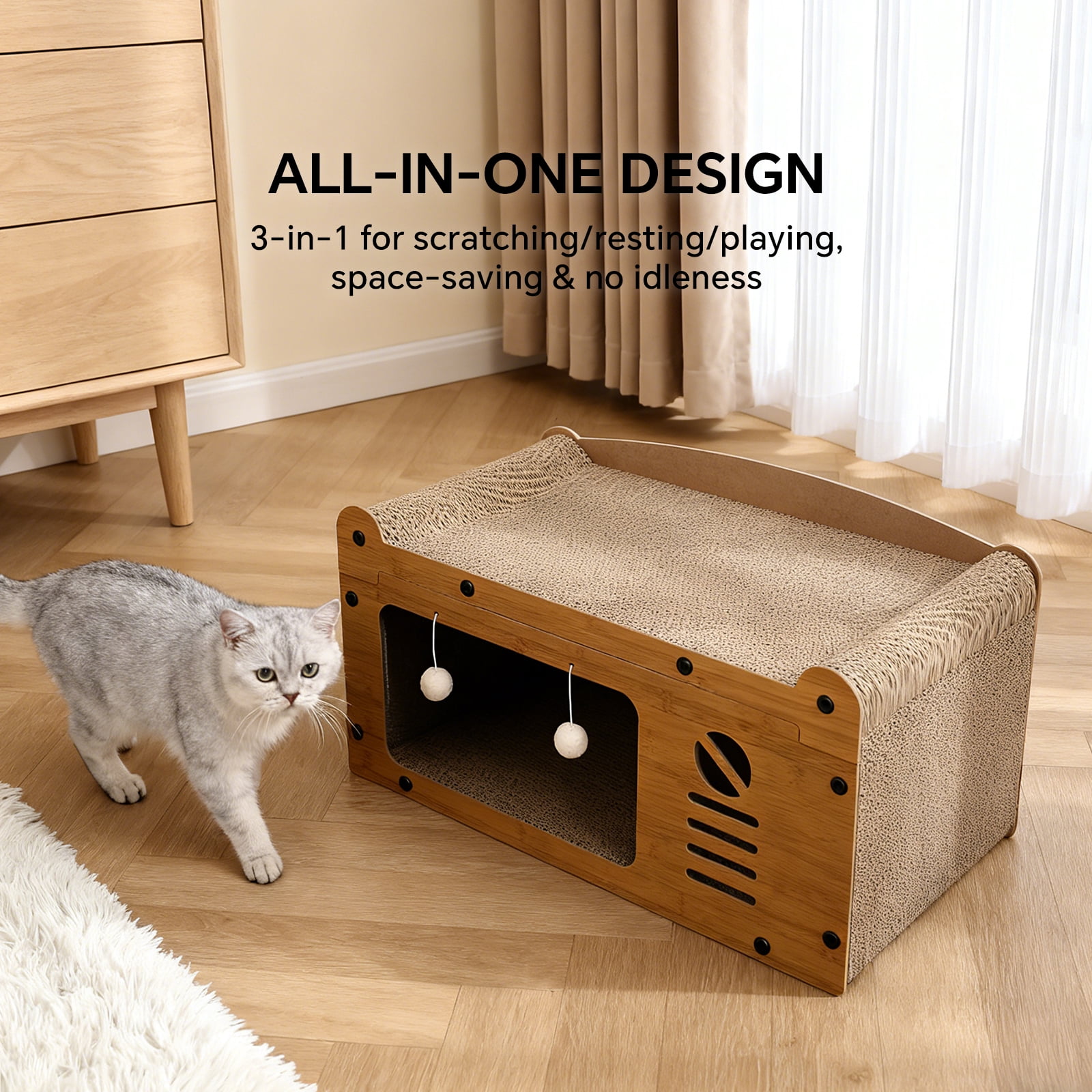 Cat Scratcher House, 2 in 1 Cat Bed and Cave with Hanging Ball Toys, Wooden Scratching Board for Kittens and Adult Cats
