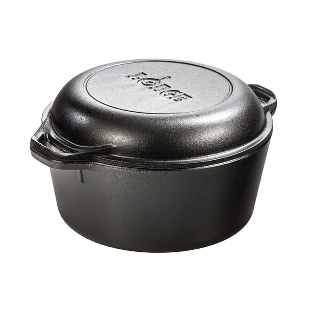 Olla doble de hierro fundido Lodge de 5 cuartos de galón – Precurada – Tapa convertible a sartén de 26 cm – Libre de PFAS – Fabricada en EE. UU. – Asas dobles – Apto para horno, parrilla, fogata y est