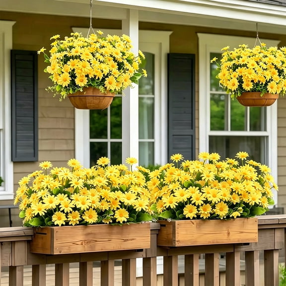 MMJ Artificial Daisies Flowers Outdoor UV Resistant Faux Greenery Plants Porch Hanging Planter Home Indoor Decor 12.60in Yellow