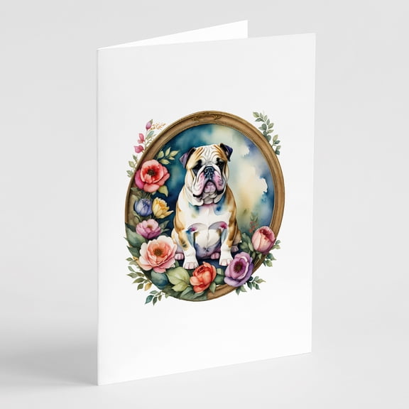 English Bulldog and Flowers Greeting Cards and Envelopes Pack of 8 7 in x 5 in