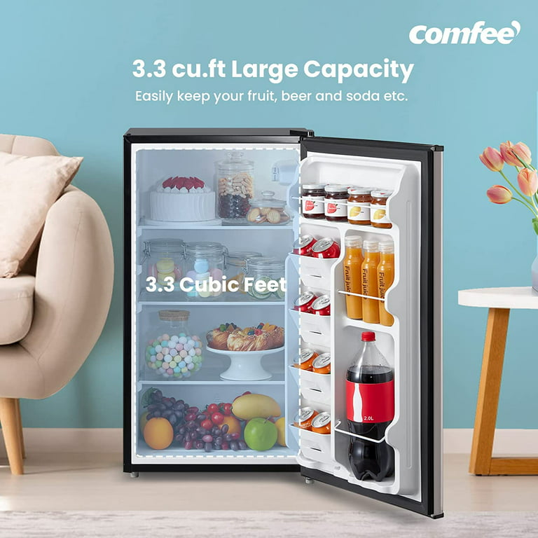 COMFEE CRM44S3AST Compact Refrigerator Cubic Feet Single Door Mini 3  Removal Glass Shelves, Energy Saving, Small Fridge for Bedroom Office  Garage Dorm, 4.4 Cuft, Silver 
