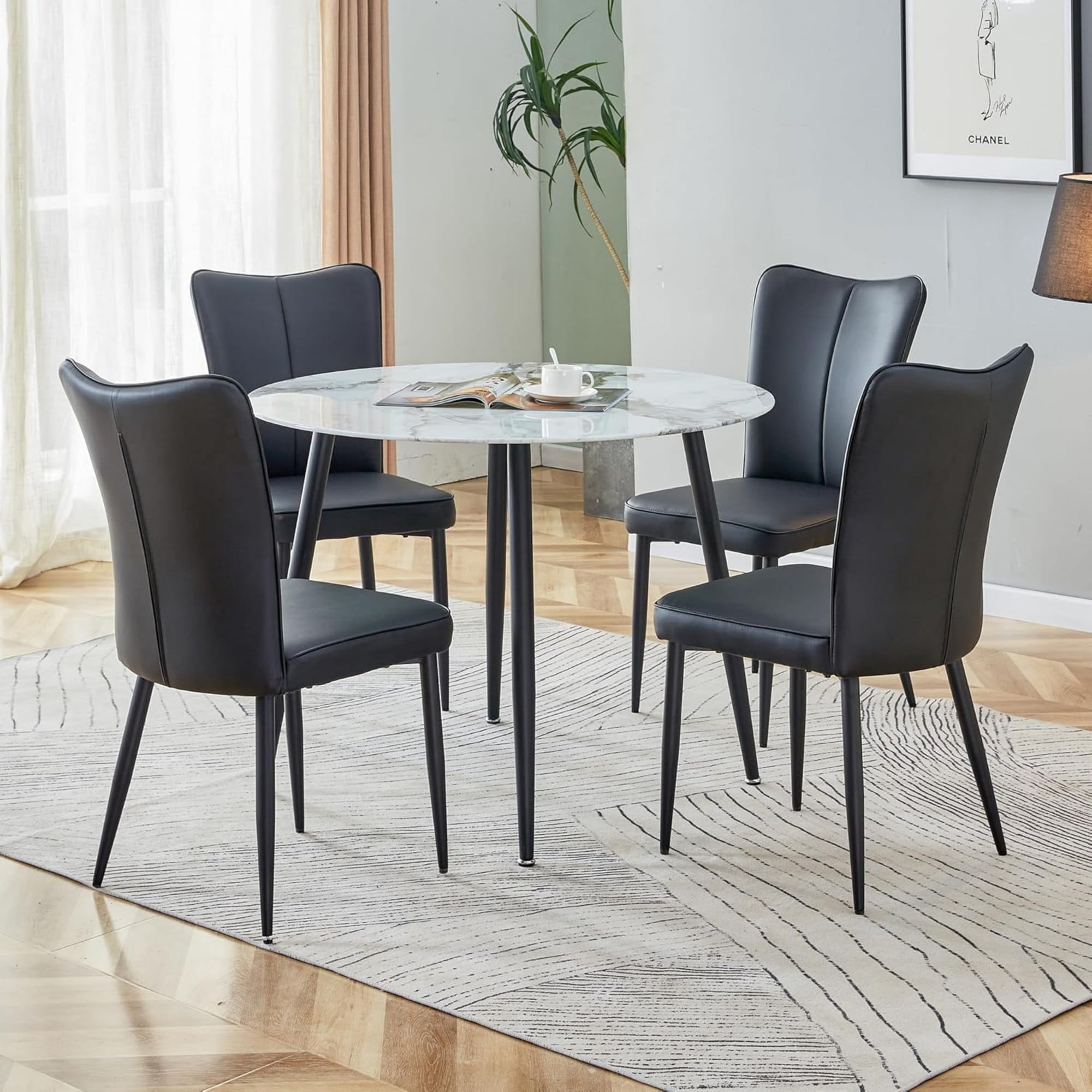 SUDICA Dining Chairs Set of 4, Black PU Leather Upholstered High Back Chairs, Black Metal Legs, For Dining Room Kitchen