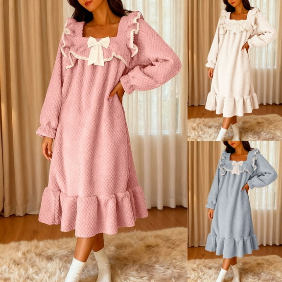 Miluxas Winter Fleece Nightgowns for Women Long Sleeve Square Neck Nightgowns Solid Cute Bow Flannel Sleepwear Pink XL(XL)