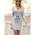 thumbnail image 4 of Women'S Long Sleeve Bodycon Sweater Dress V Neck Cable Knit Slit Midi Dresses with Belt Gray XL, 4 of 10