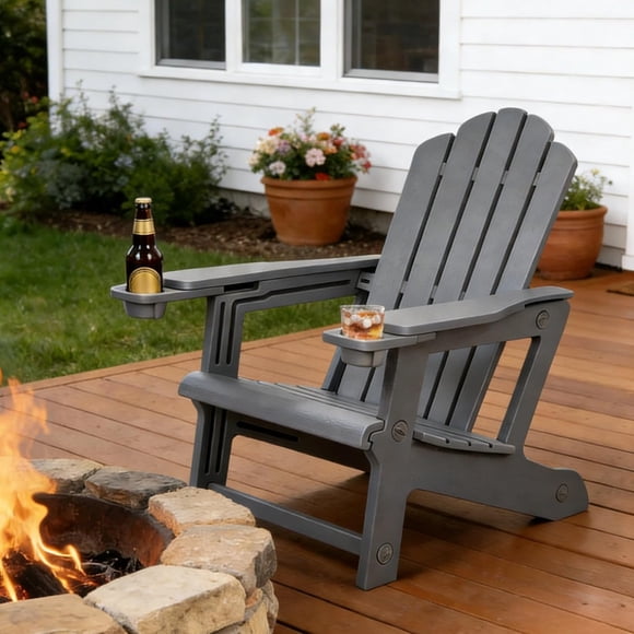 PURPLE LEAF Adirondack Chair HDPE All-Weather Outdoor Fire Pit Chair with 24.6" Oversized Seat Wood-Textured Patio Adirondack Chair with Dual Cup Holders for Garden Deck Backyard, Grey