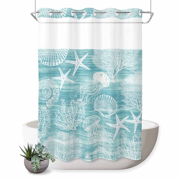 No Hook Shower Curtain, Turquoise Coastal Shower Curtains for Bathroom with See Through Top Window, Nautical Starfish Coral Jellyfish Shell Sea Waterproof & Washable Bath Curtain 60"x72"