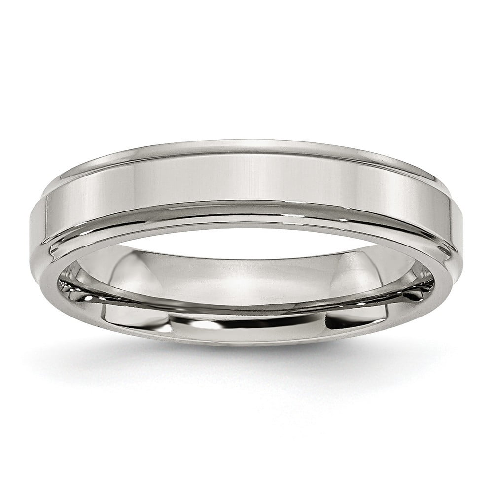 Mens Stainless Steel Ridged Edge Polished Wedding Band Ring