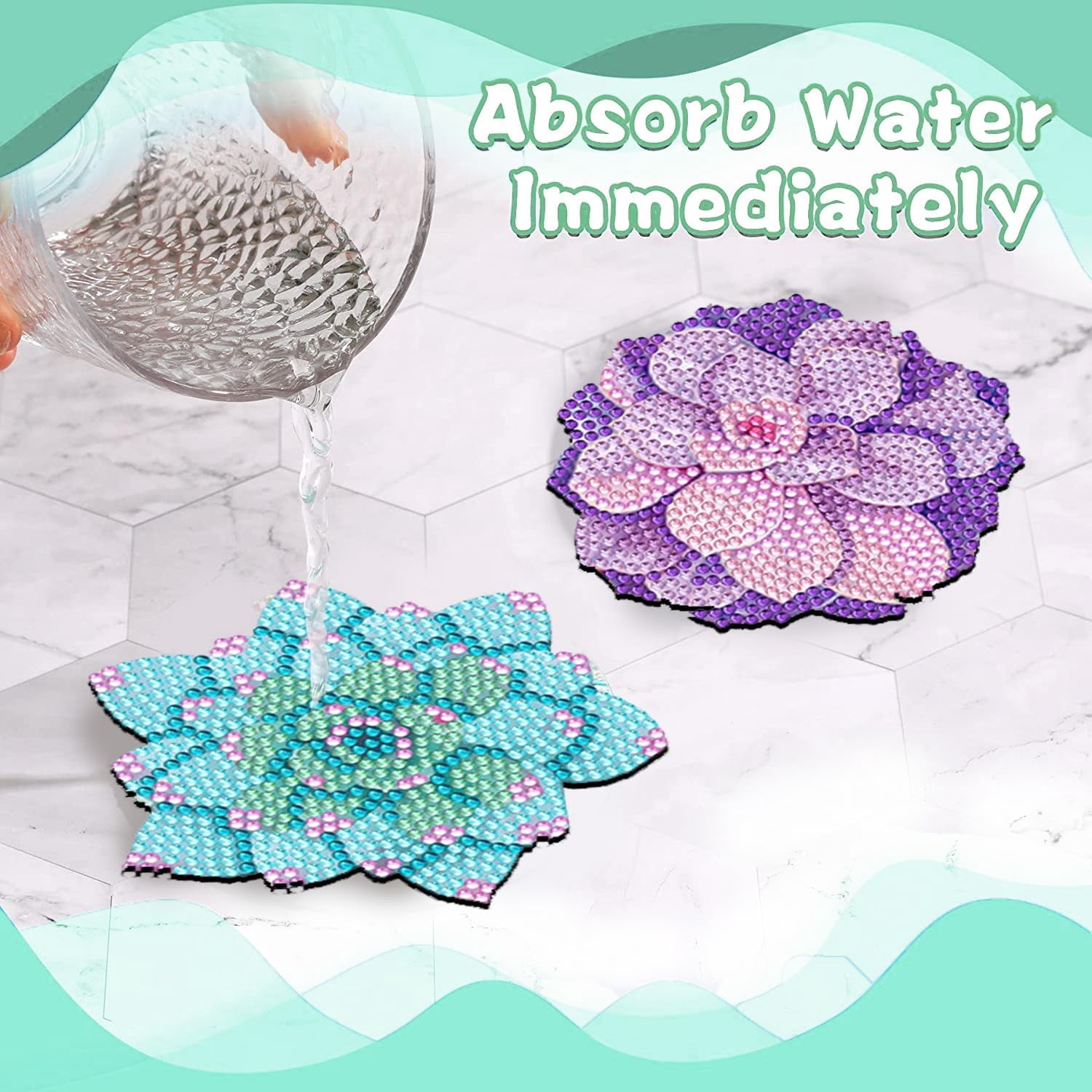 Succulent Diamond Art Coasters, Flower Diamond Painting Coasters Kits with Holder, DIY Plants Coaster Kit with Cork Bases for Adults Art Craft Supplies Gift