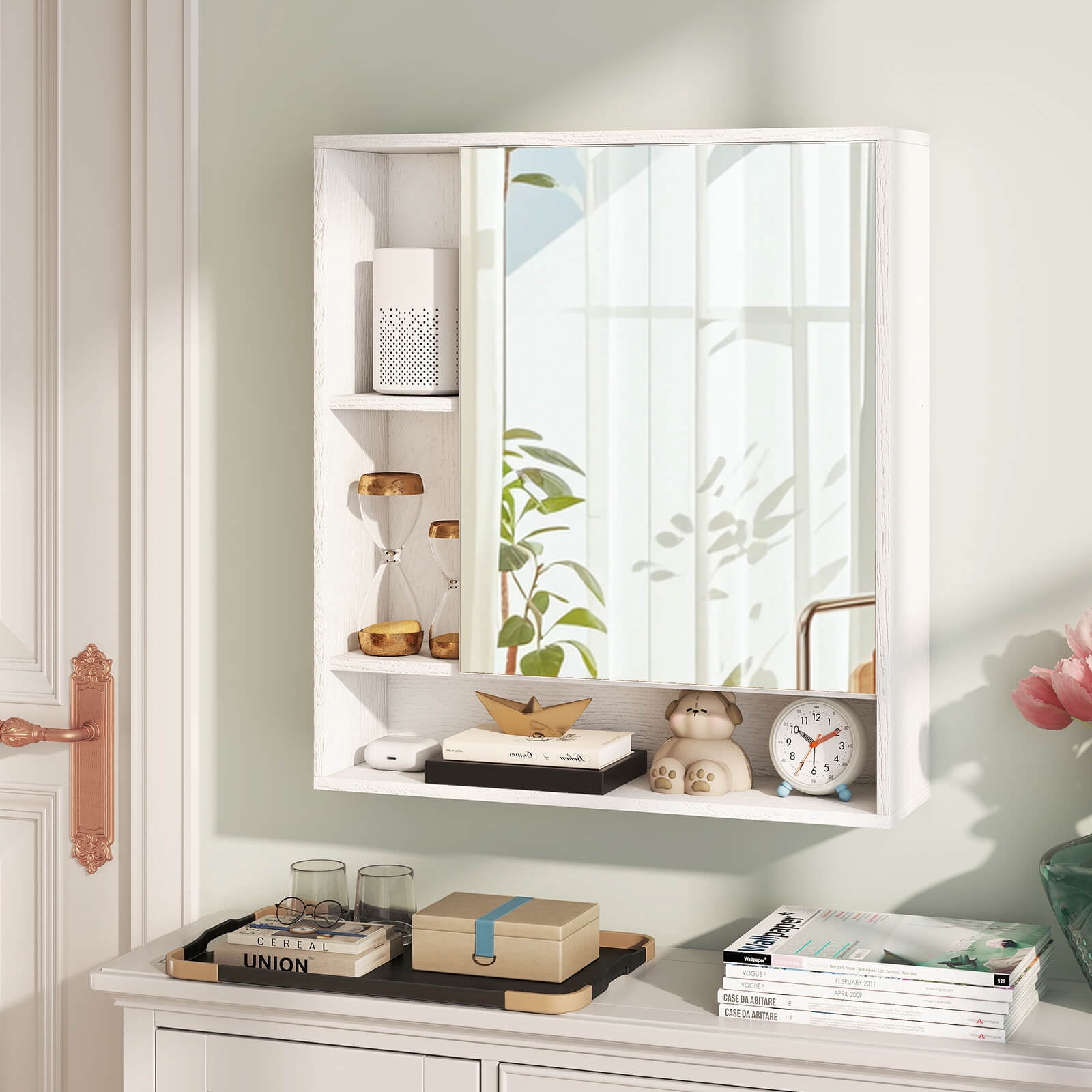 Costway Bathroom Wall Cabinet with Mirror, Single Door, 3 Open Shelves & Adjustable Shelf White