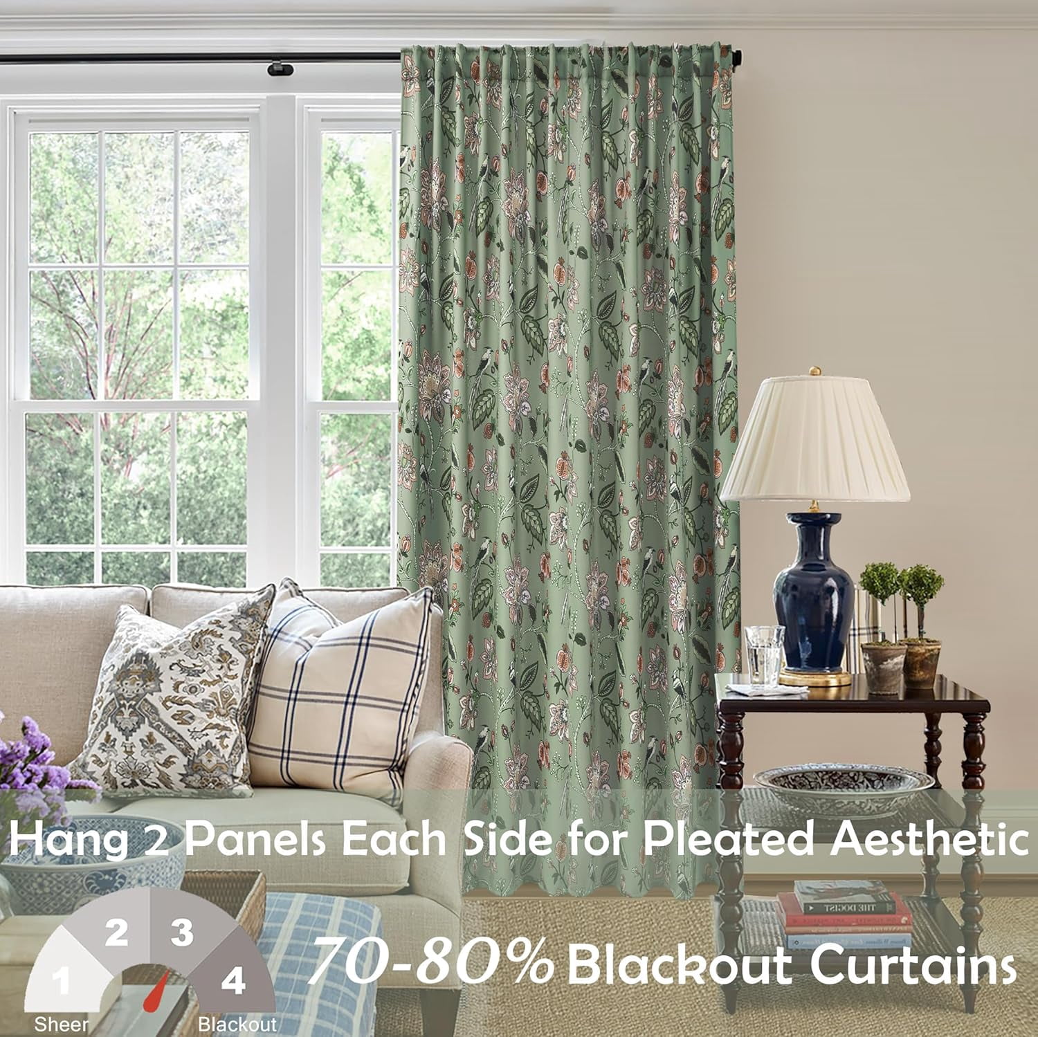 Cute Blackout Curtains 63 Inch Long for Bedroom,70% Black Out Room Darkening Rod Pocket Vintage Boho Floral Pattern Sage Green Coral Fruit Plant Vine Curtains for Living Room 63 in Length 2 Panel Set