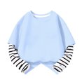 thumbnail image 4 of T Shirts for Girls Casual Solid Color Crewneck Faux Layered Long Sleeve Striped Tops 2 in 1 Loose Fit Fashion Wear, 4 of 5