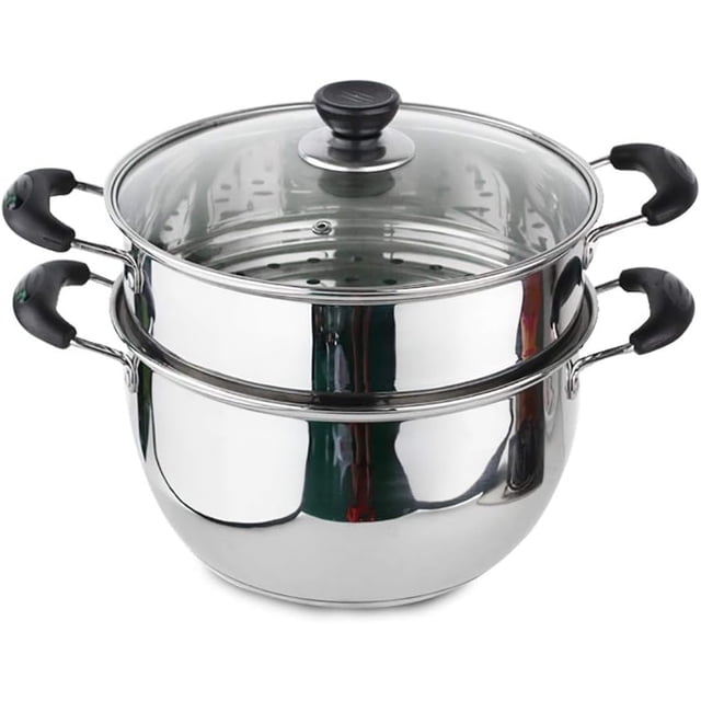 Stainless Steel 2 Tier Boiling Pot With Lid & Steamer - Silver, 26cm | Gas Stove & Induction Compatible - Multipurpose Cookware Pots - Dumplings Momo Steamer | Pasta & Rice Steamer, Meat Steamer