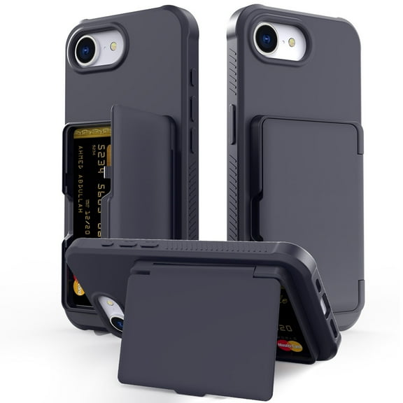 TECH CIRCLE for iPhone 16e (2025 Release) 6.1" Rugged Plastic Case with Built-in Card Holder Slot (Up to 5 Cards), Built-in Makeup Mirror, Lightweight Shockproof Wallet Phone Cover, Black