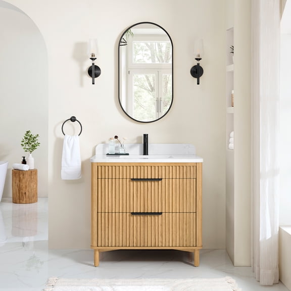 Mumbai 36" Single Vanity in Oak Weathering Light Brown with Composite Stone Top