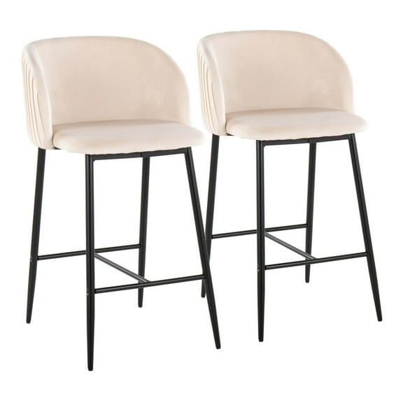 Fran Pleated Contemporary Fixed-Height Counter Stool In Black Metal And White Velvet - Set Of 2