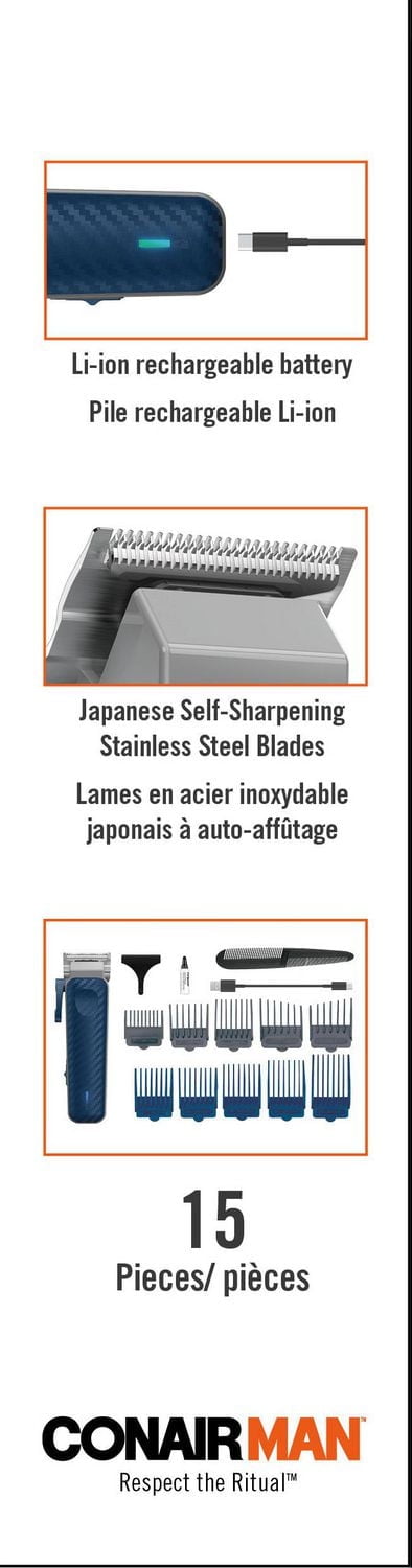 La tondeuse à cheveux au lithium-Ion rechargeable de série I de ConairMAN Trousse de coupe de cheveux