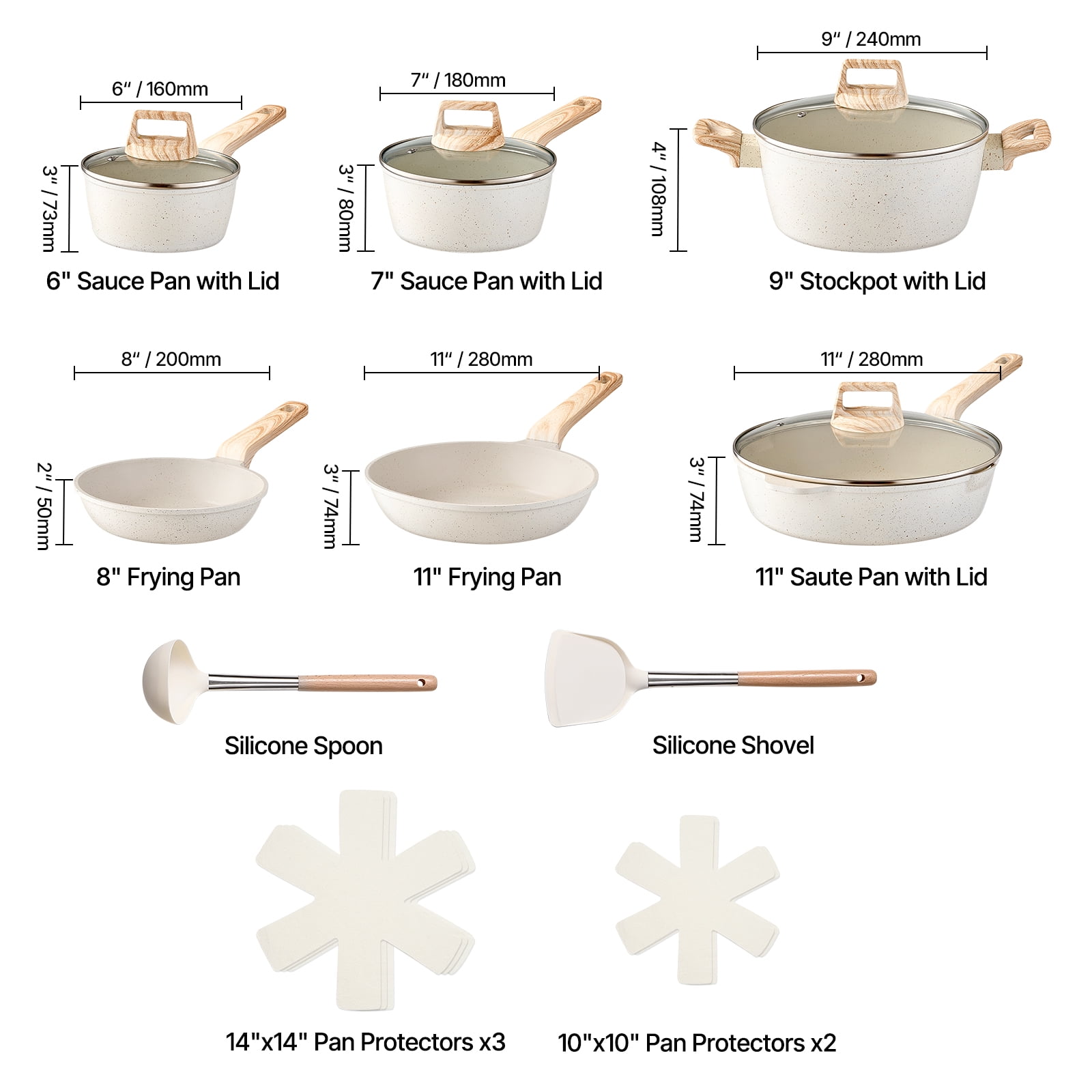 VEVOR 17 Piece Pots and Pans Set, Granite Nonstick Cookware Set, Induction Cookwares, Kitchen RV Cooking Sets with Frying, Sauce, Saute, Tempered Glass Lids, and Pan Protectors, White