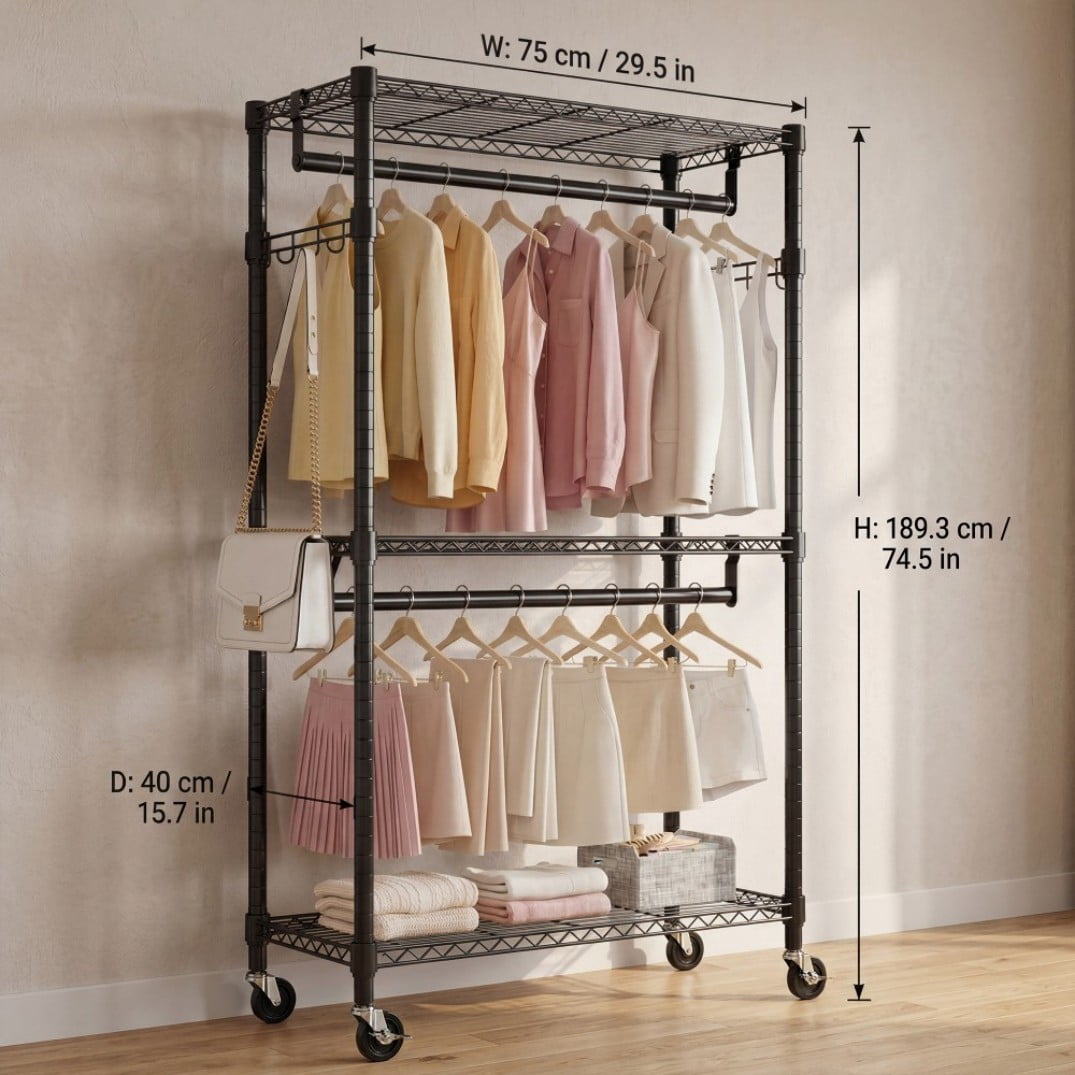 Heavy Duty Rolling Garment Rack, 3-Tier Adjustable Wire Shelving Clothes Rack with 2 Hanging Rods, Side Hooks & Lockable Wheels, Black