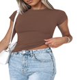 thumbnail image 3 of EIMELI Femmes Manches Courtes Slim Fitd Crop Top Casual Base Solid Pulls Tee Shirts Femme Streetwear Base Tees Tops Marron S, 3 of 6